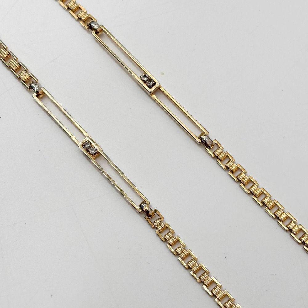 Vintage Gold Tone Textured Link Long Station Necklace with Rhinestones Elegant